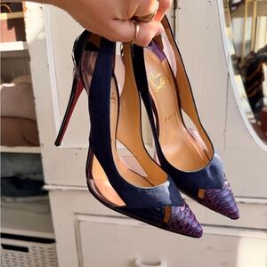 Christian Louboutin Navy Blue Pointed Toe Slingback Heels with Purple Accent